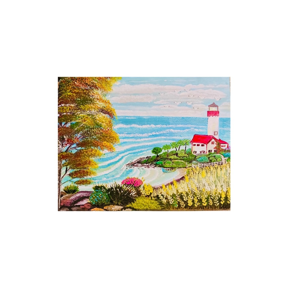 Original Coastal Lighthouse- Acrylic Hand Painted Canvas Art -Original Certified